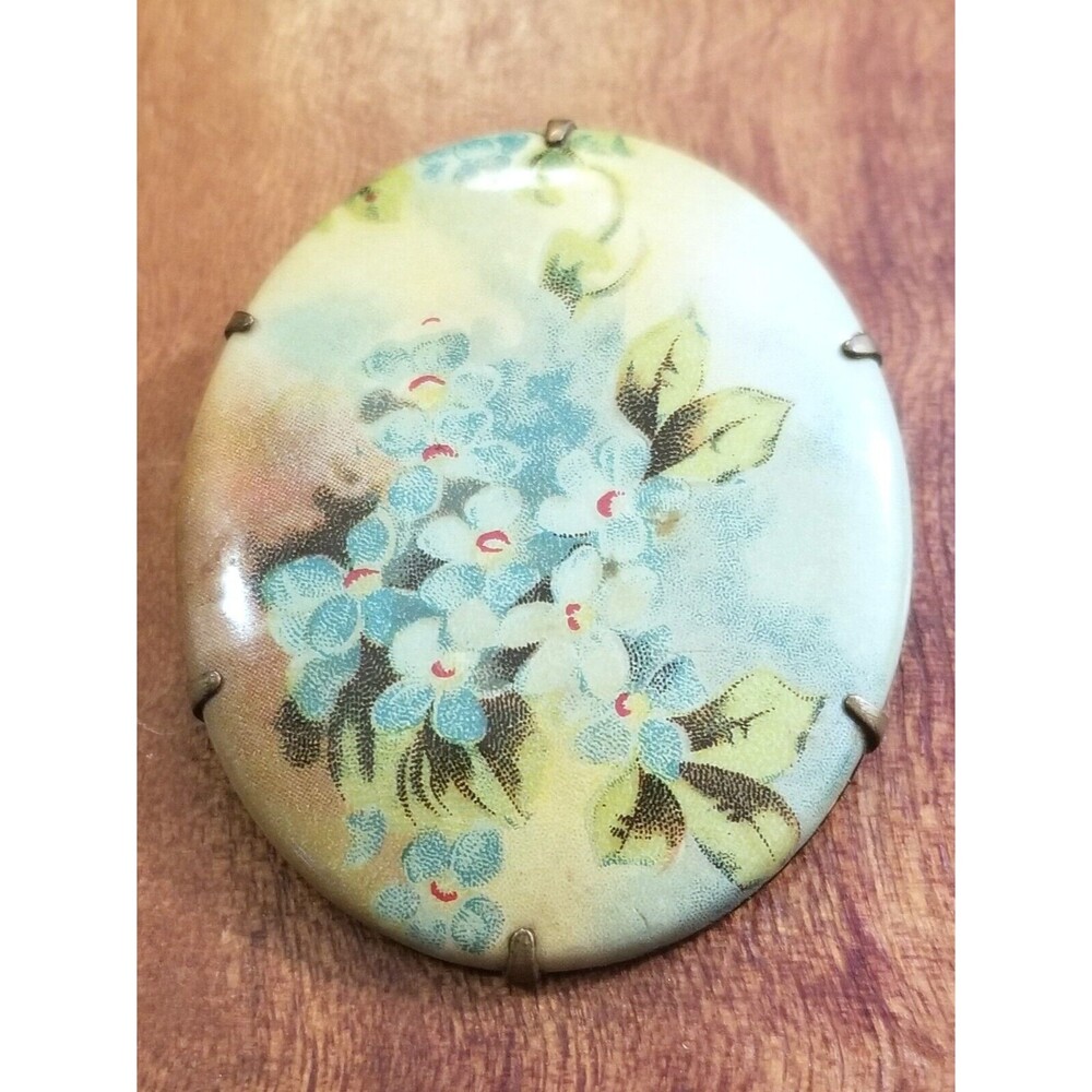 Antique Victorian Hand Painted Flowers Oval Brooch 2.25"X1.6"